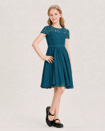 Teal Junior Bridesmaid Dress Lace Bodice Keyhole Back Chiffon Knee-Length Dress Front View