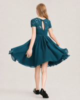 Teal Lace A-line Junior Bridesmaid Dress Back View