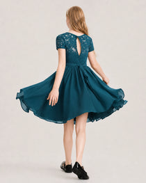 Teal Junior Bridesmaid Dress Lace Bodice Keyhole Back Chiffon Knee-Length Dress Back View