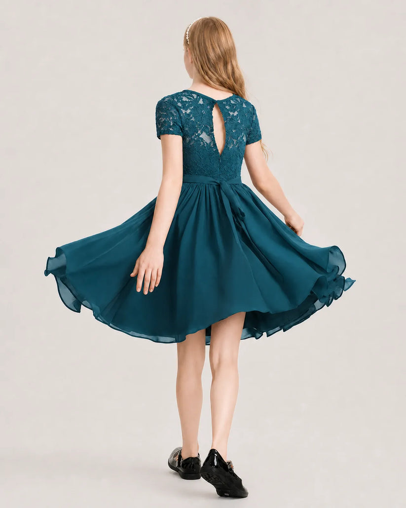 Teal Lace A-line Junior Bridesmaid Dress Back View