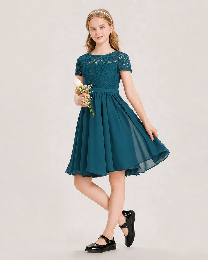 Teal Chiffon A-line Junior Bridesmaid Dress Front View