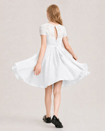 White Junior Bridesmaid Dress Lace Bodice Keyhole Back Chiffon Knee-Length Dress Back View