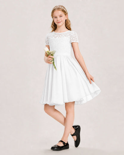 White Junior Bridesmaid Dress Lace Bodice Keyhole Back Chiffon Knee-Length Dress Front View