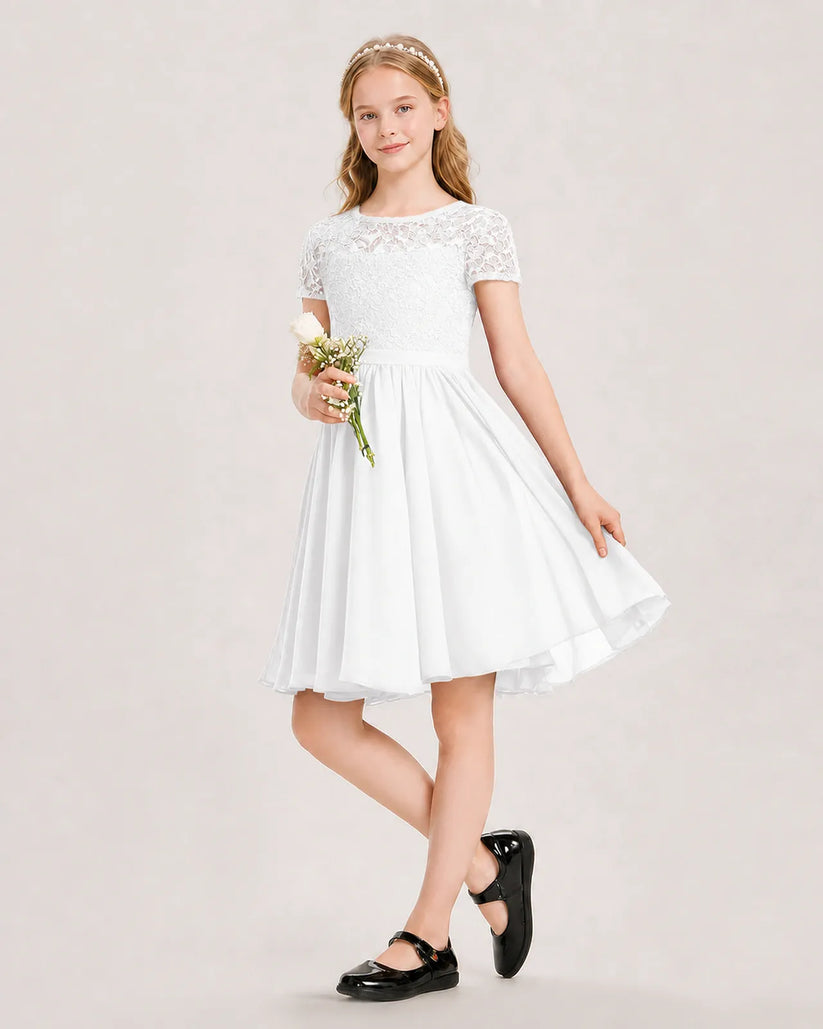 White Lace A-line Junior Bridesmaid Dress Front View