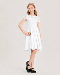 White Junior Bridesmaid Dress Lace Bodice Keyhole Back Chiffon Knee-Length Dress Front View