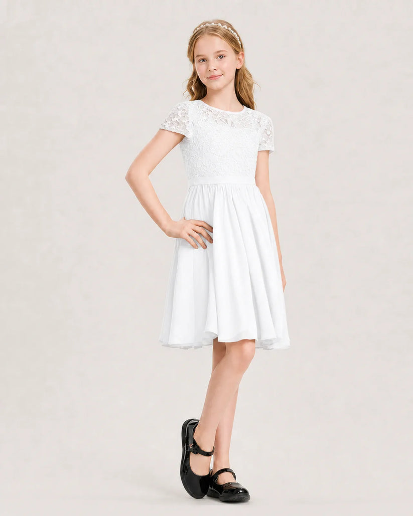 White Chiffon A-line Junior Bridesmaid Dress Front View