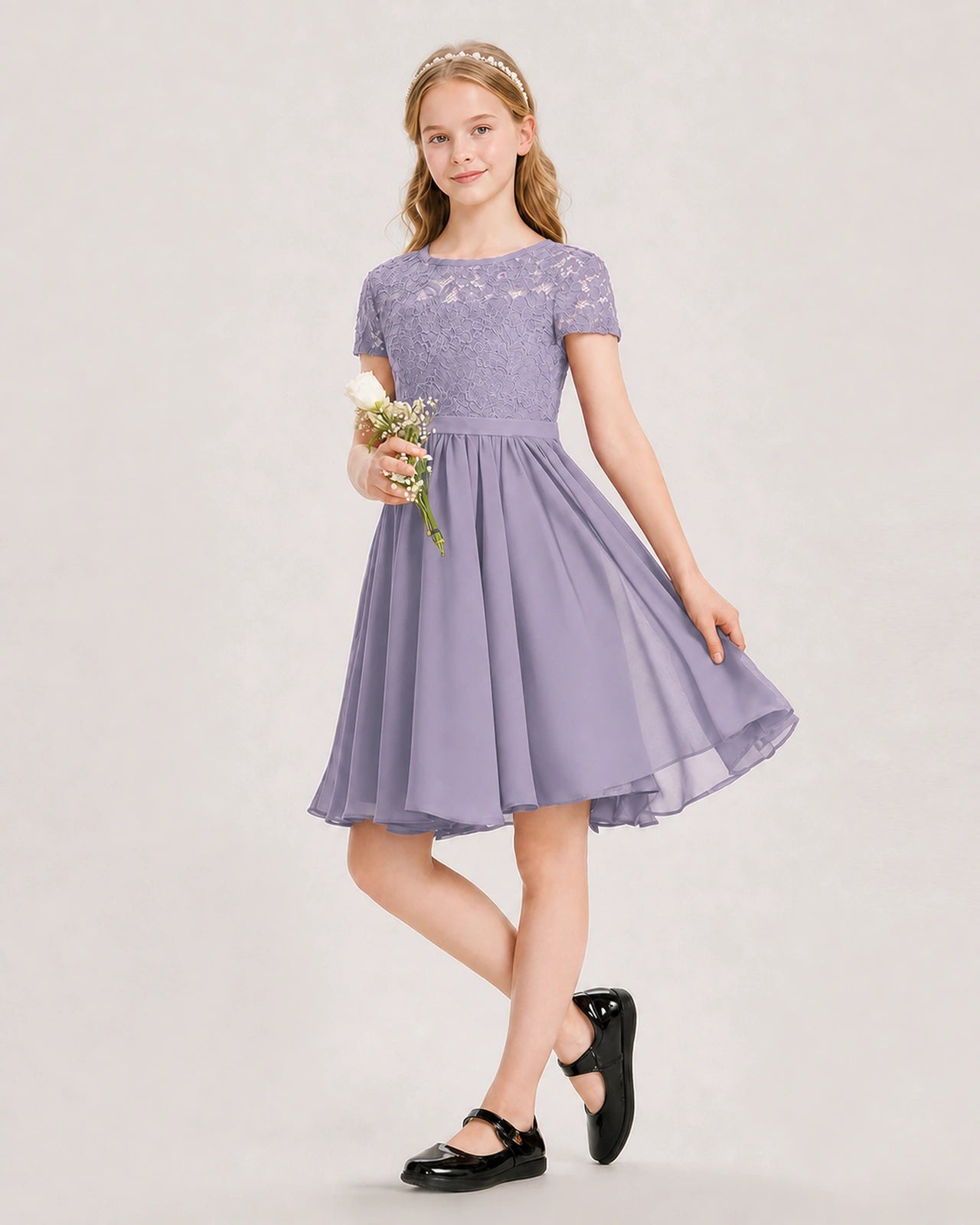 Wisteria Junior Bridesmaid Dress Lace Bodice Keyhole Back Chiffon Knee-Length Dress Front View
