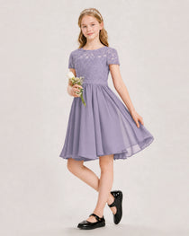 Wisteria Junior Bridesmaid Dress Lace Bodice Keyhole Back Chiffon Knee-Length Dress Front View