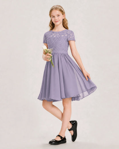Wisteria Junior Bridesmaid Dress Lace Bodice Keyhole Back Chiffon Knee-Length Dress Front View