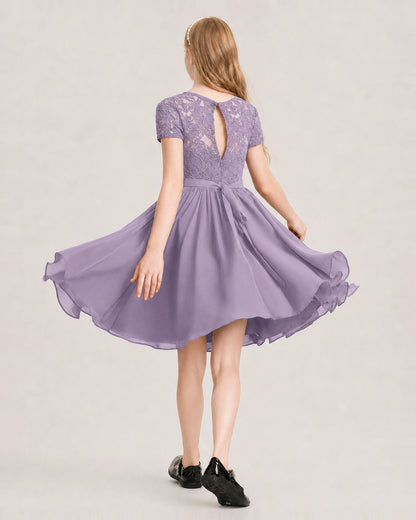 Wisteria Junior Bridesmaid Dress Lace Bodice Keyhole Back Chiffon Knee-Length Dress Back View