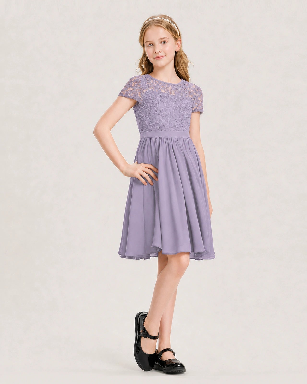 Wisteria Junior Bridesmaid Dress Lace Bodice Keyhole Back Chiffon Knee-Length Dress Front View
