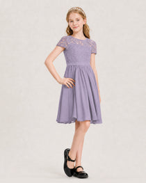 Wisteria Junior Bridesmaid Dress Lace Bodice Keyhole Back Chiffon Knee-Length Dress Front View