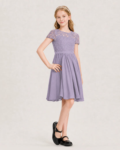 Wisteria Junior Bridesmaid Dress Lace Bodice Keyhole Back Chiffon Knee-Length Dress Front View