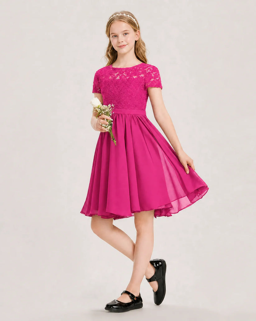 Hot Pink Lace A-line Junior Bridesmaid Dress Front View