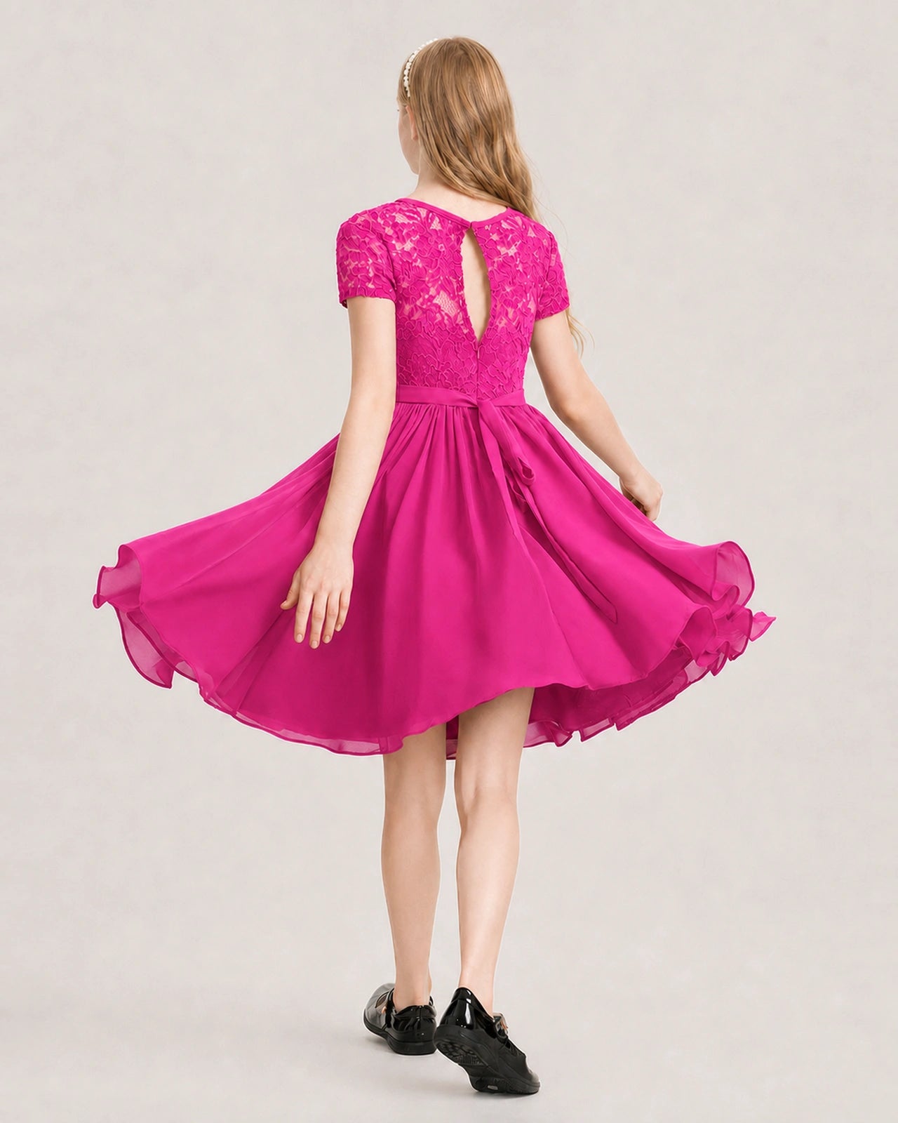 Hot pink Junior Bridesmaid Dress Lace Bodice Keyhole Back Chiffon Knee-Length Dress Back View