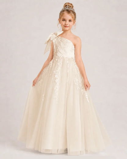 Champagne Flower Girl Dress One-Shoulder Bow Lace Tulle Floor-Length Gown Front View