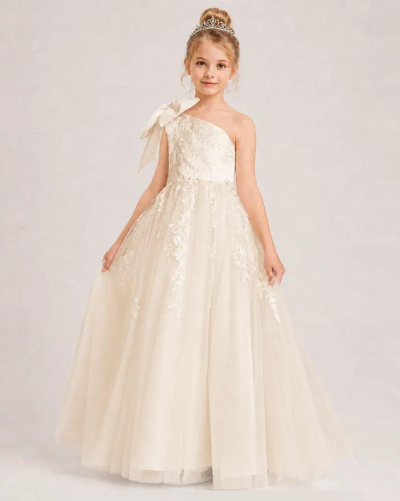 Champagne Tulle A-line Flower Girl Dress Front View