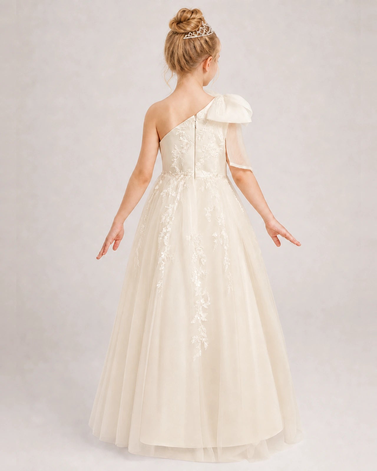 Champagne Flower Girl Dress One-Shoulder Bow Lace Tulle Floor-Length Gown Back View