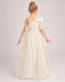 Champagne Flower Girl Dress One-Shoulder Bow Lace Tulle Floor-Length Gown Back View