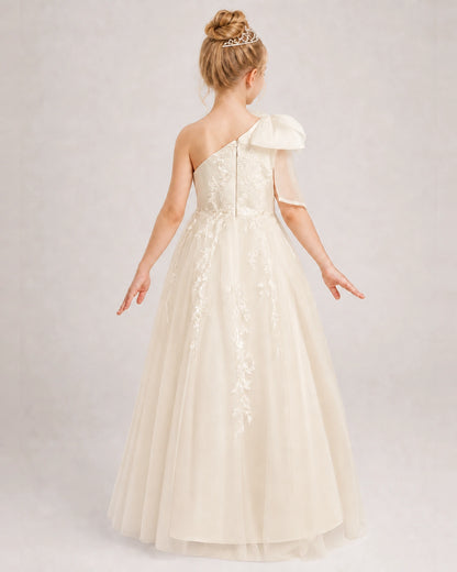 Champagne Flower Girl Dress One-Shoulder Bow Lace Tulle Floor-Length Gown Back View