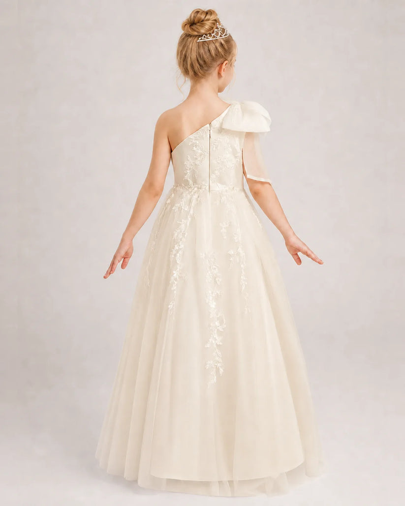 Champagne Tulle A-line Flower Girl Dress Back View