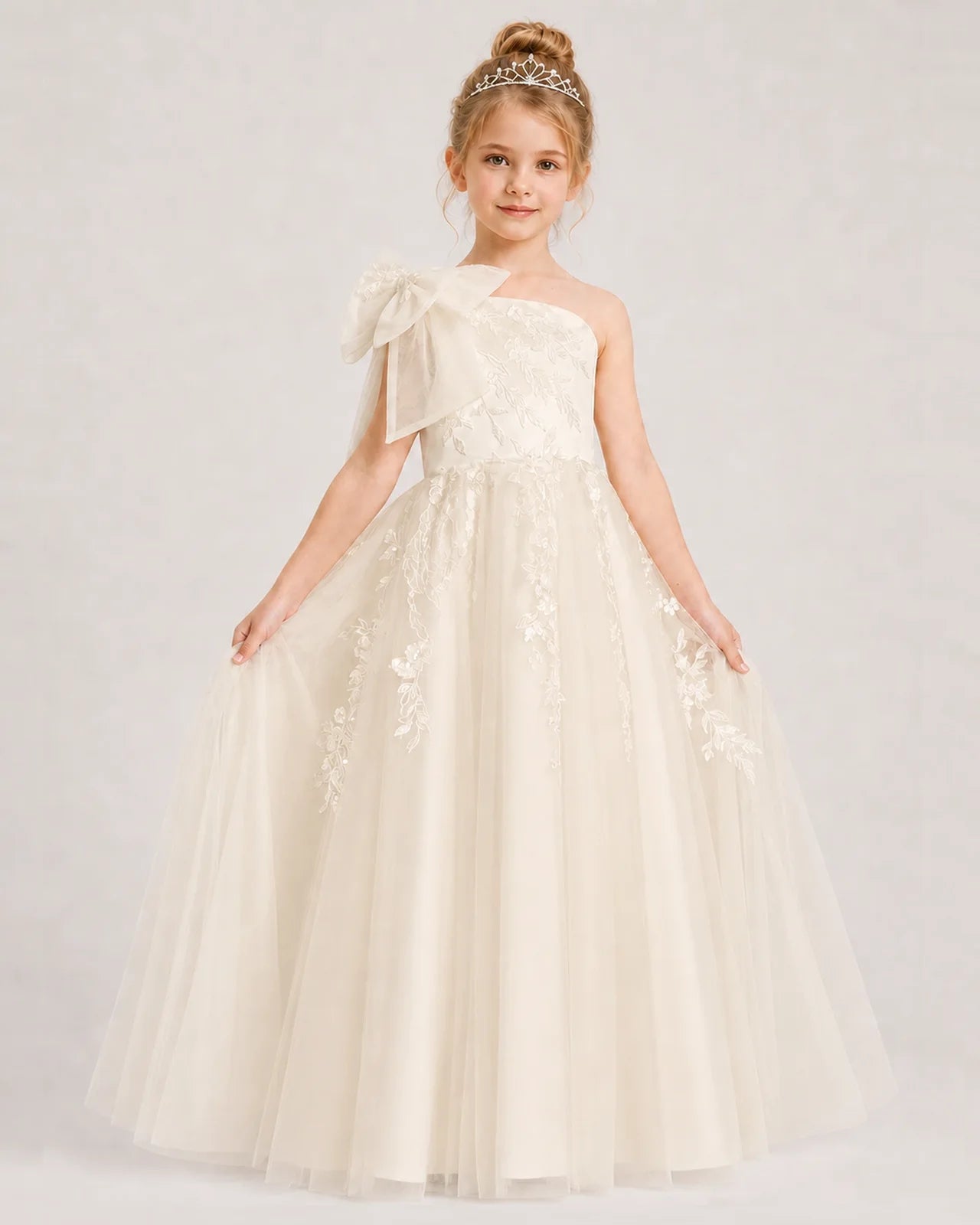 Champagne Flower Girl Dress One-Shoulder Bow Lace Tulle Floor-Length Gown Front View