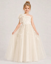 Champagne Flower Girl Dress One-Shoulder Bow Lace Tulle Floor-Length Gown Front View