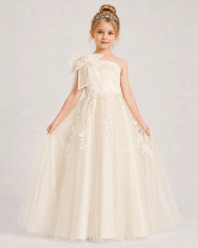 Champagne Tulle A-line Flower Girl Dress Front View