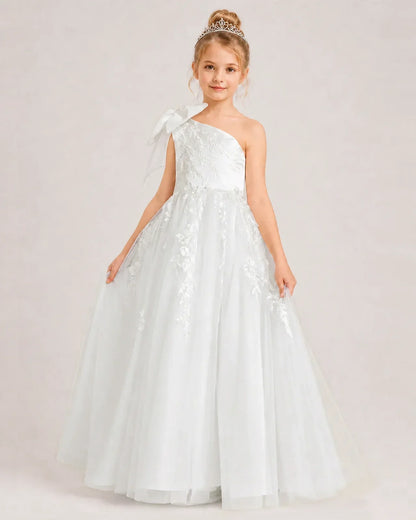 Ivory Flower Girl Dress One-Shoulder Bow Lace Tulle Floor-Length Gown Front View