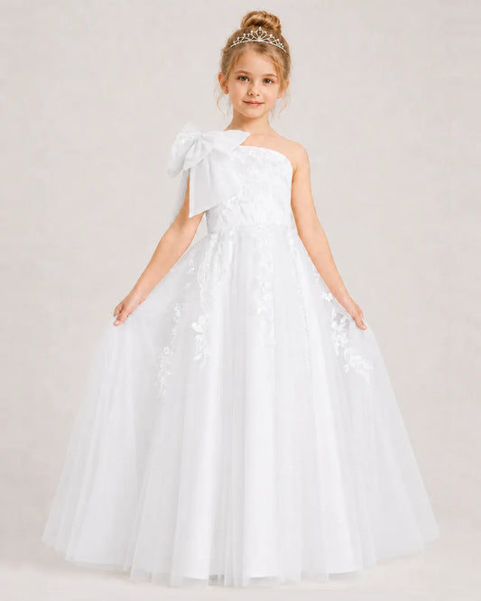 White Tulle A-line Flower Girl Dress Front View