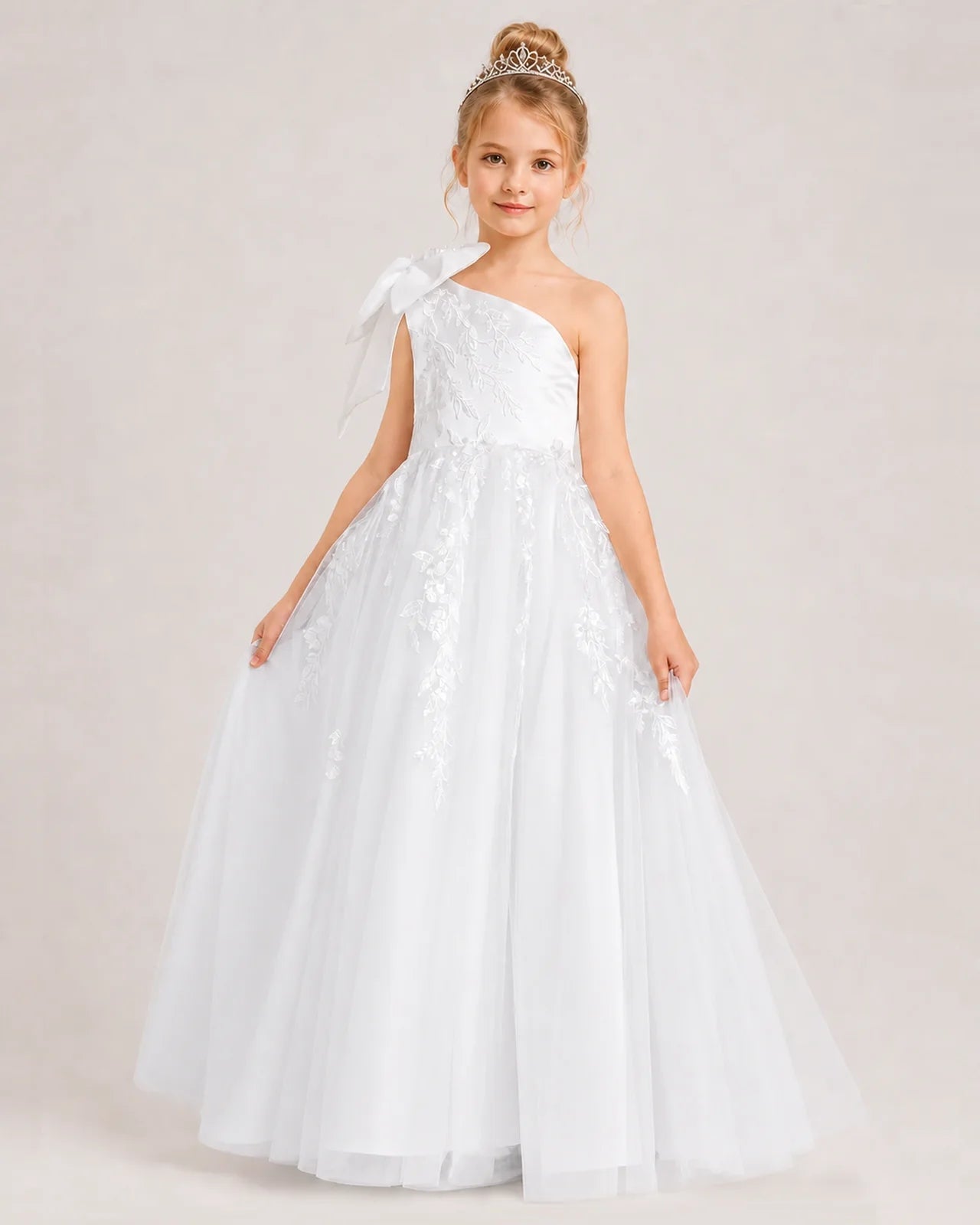 White Flower Girl Dress One-Shoulder Bow Lace Tulle Floor-Length Gown Front View