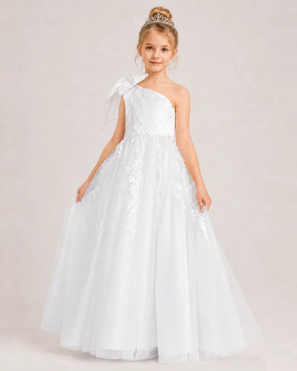 White Flower Girl Dress One-Shoulder Bow Lace Tulle Floor-Length Gown Front View