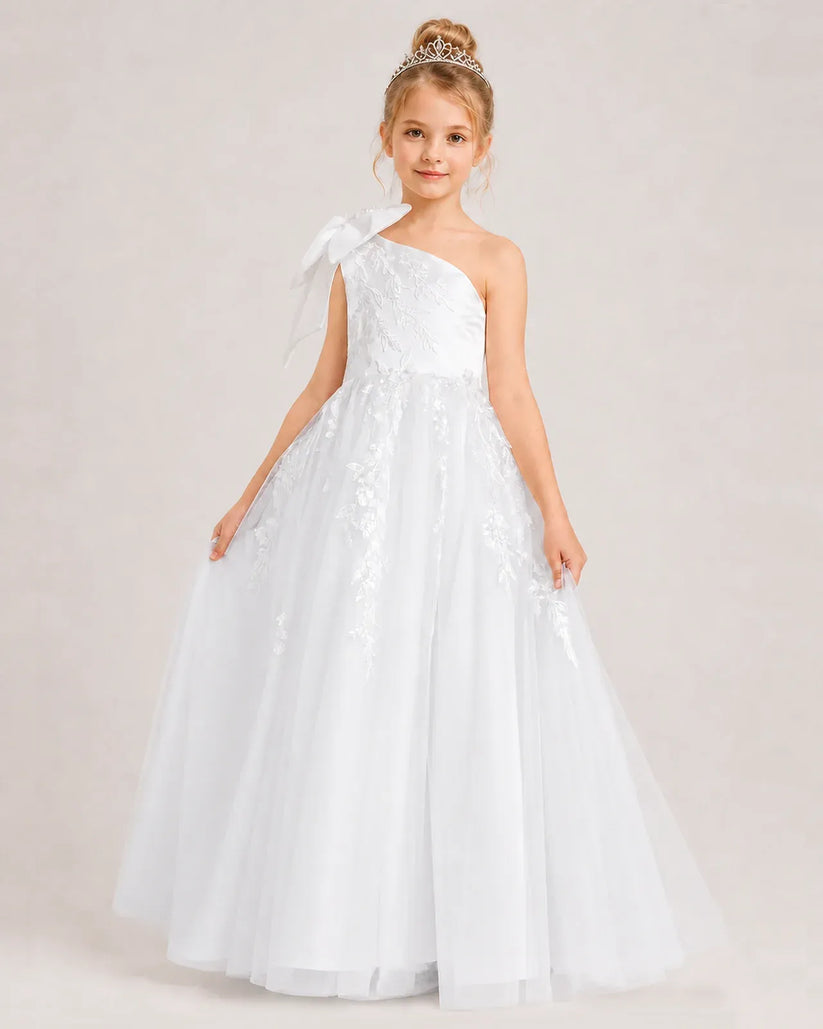 White Tulle A-line Flower Girl Dress Front View