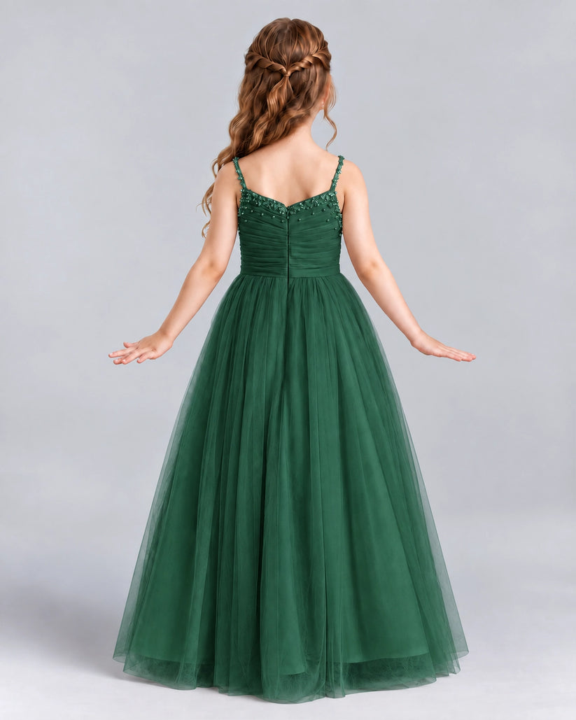 Dark Green A-line Girls Formal Dresses Back