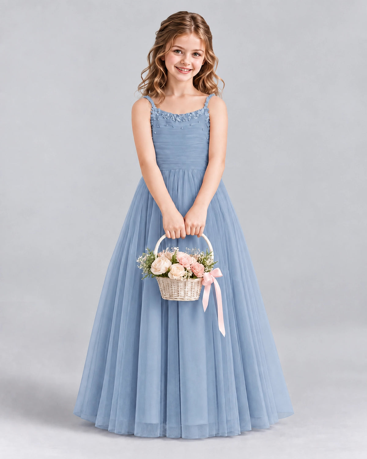 Dusty Blue A-line Girls Formal Dresses Front