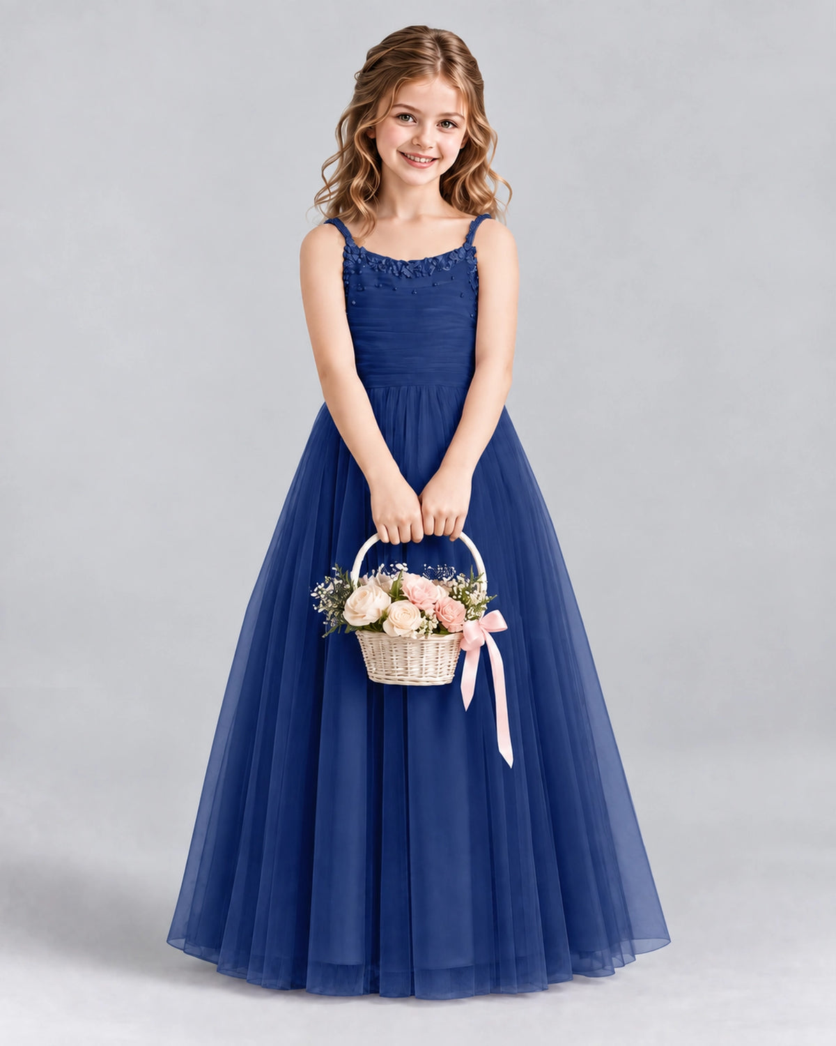 Navy Blue A-line Girls Formal Dresses Front