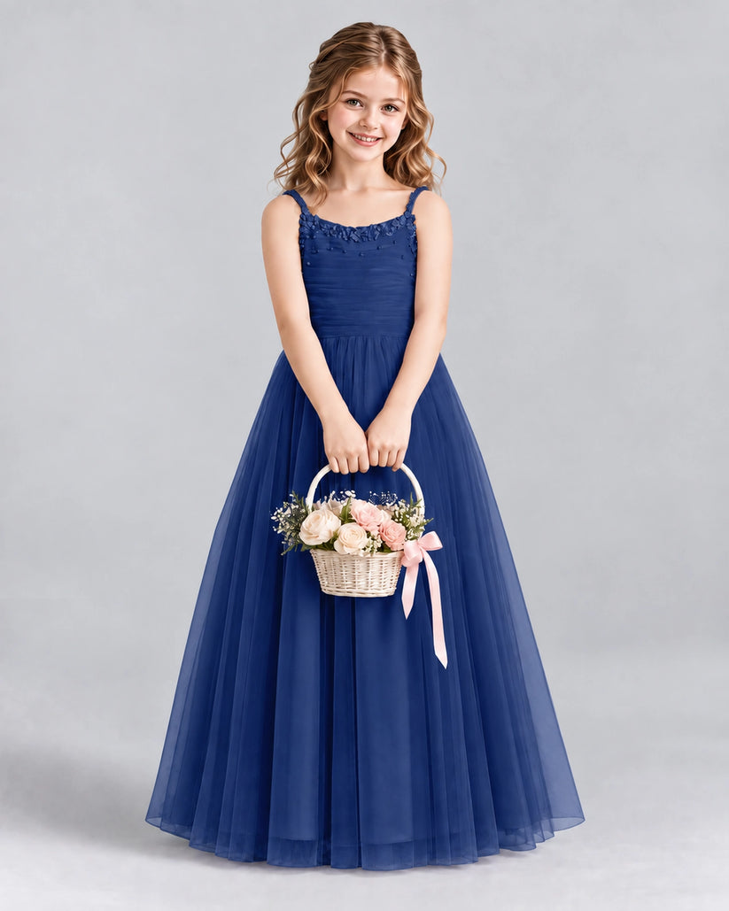 Navy Blue A-line Girls Formal Dresses Front