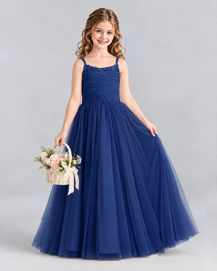 Navy Blue A-line Girls Formal Dresses Side