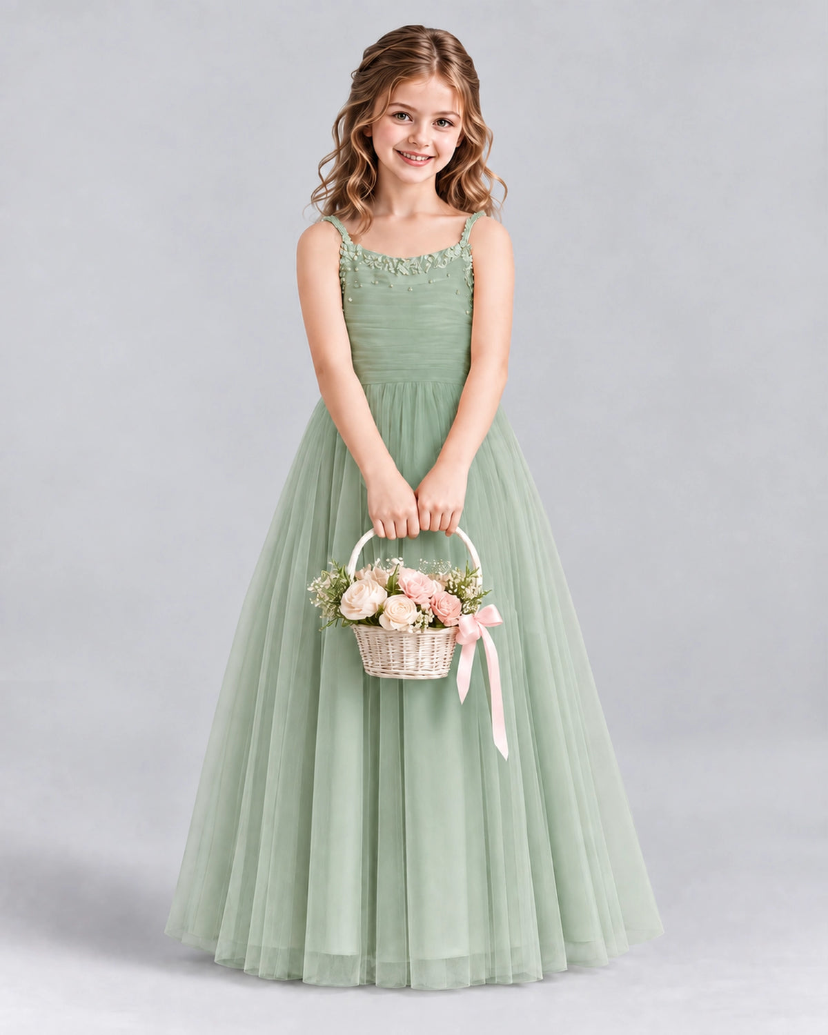 Sage Green A-line Girls Formal Dresses Front