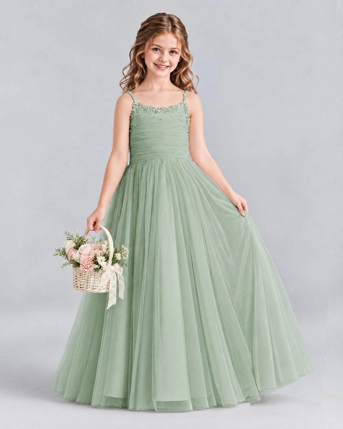 Sage Green A-line Girls Formal Dresses Side