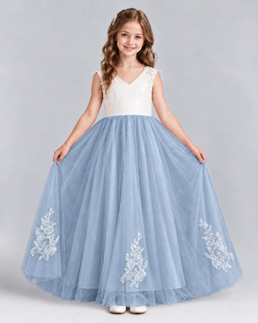 Dusty Blue Ball Gown Flower Girl Dresses Front
