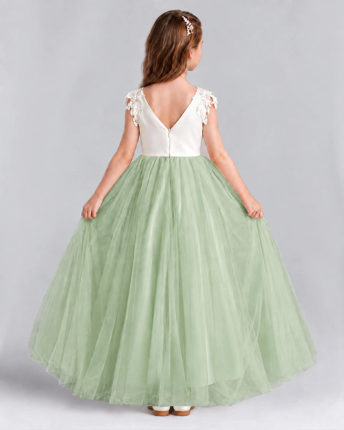 Sage Green Ball Gown Flower Girl Dresses Back