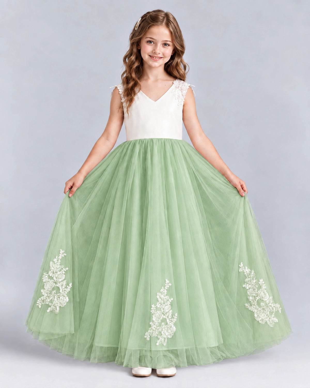 Sage Green Ball Gown Flower Girl Dresses Front