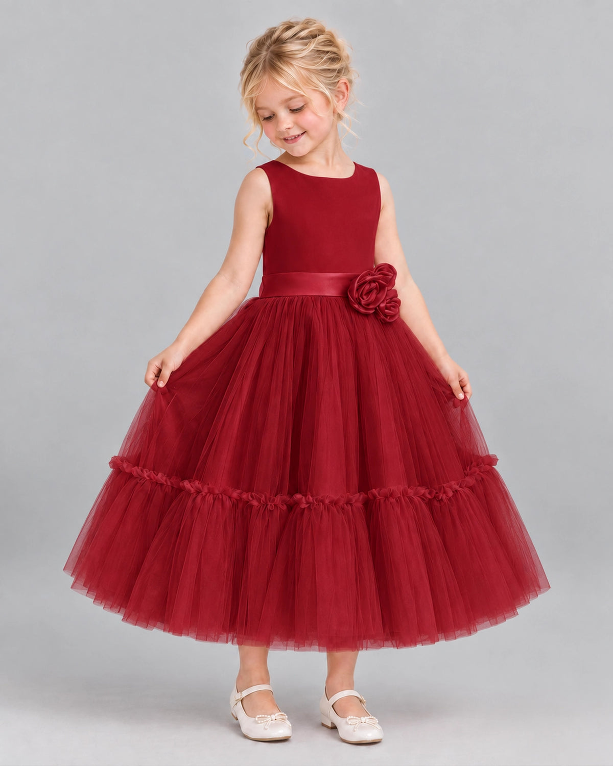 Burgundy A-line Flower Girl Dresses Side