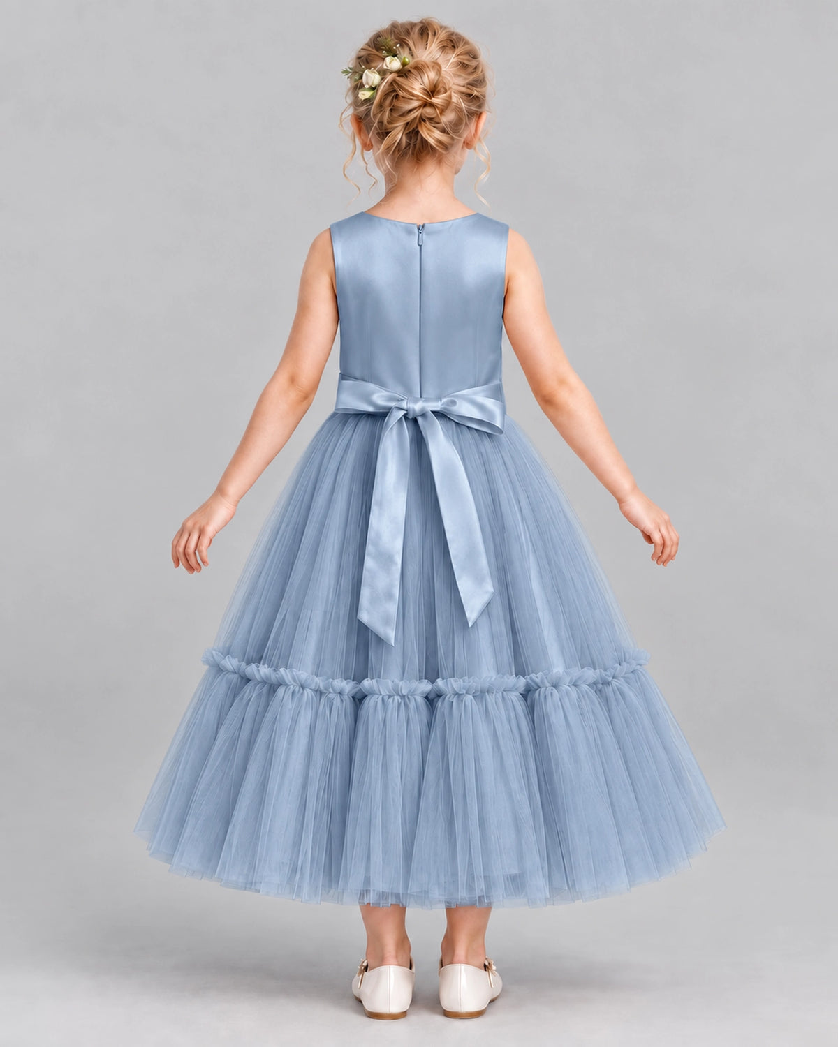 Dusty Blue A-line Flower Girl Dresses Back