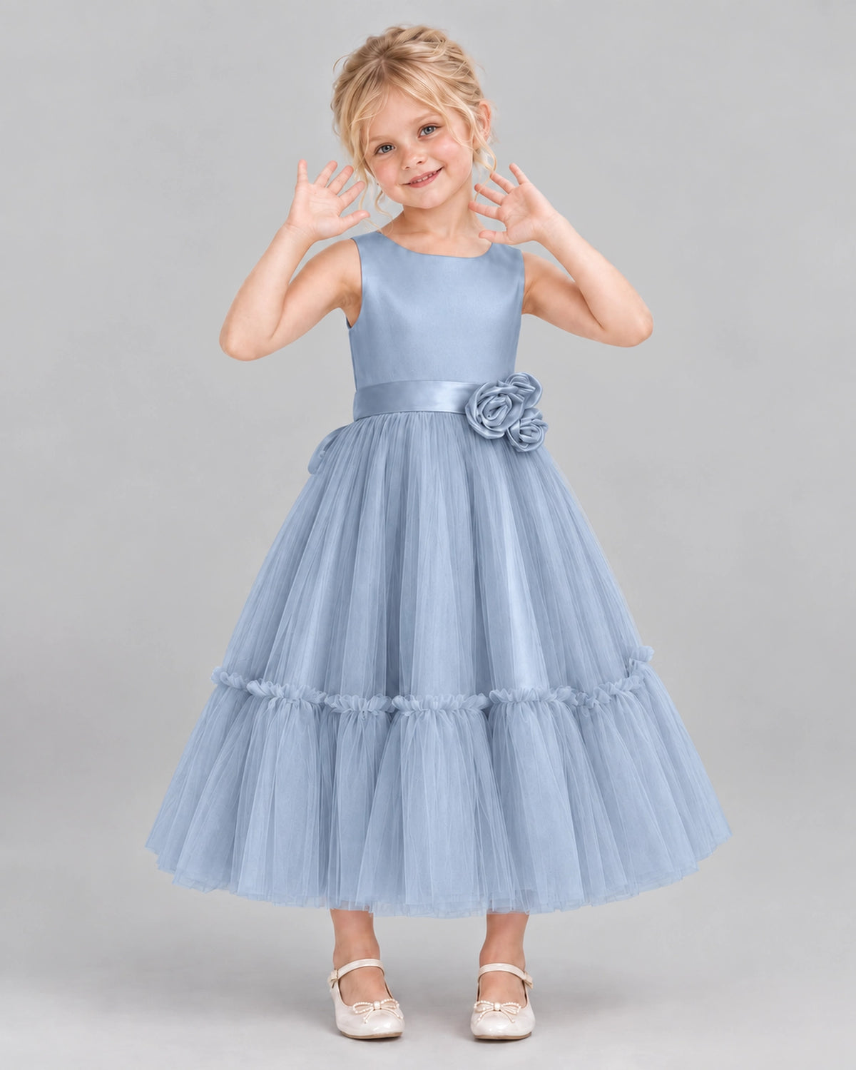 Dusty Blue A-line Flower Girl Dresses Front