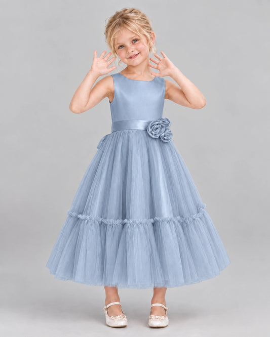 Dusty Blue A-line Flower Girl Dresses Front