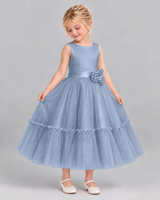 Dusty Blue A-line Flower Girl Dresses Side