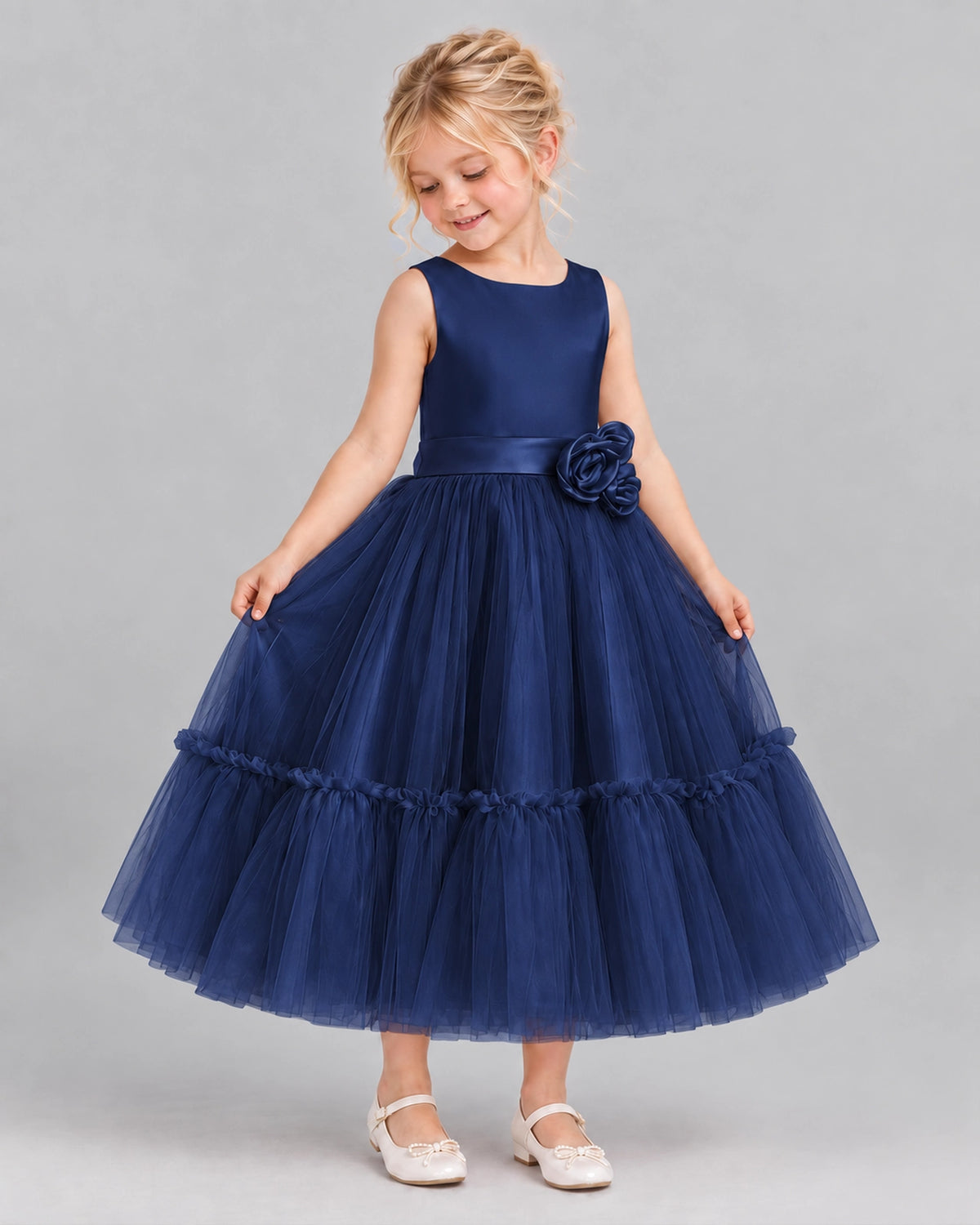 Navy Blue A-line Flower Girl Dresses Side