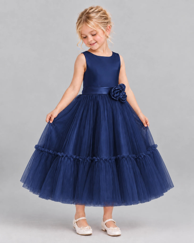 Navy Blue A-line Flower Girl Dresses Side